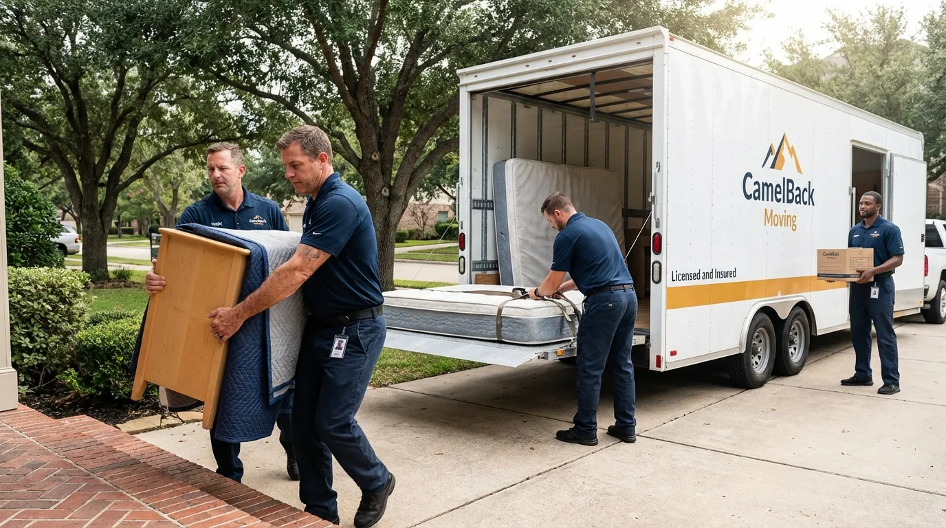 Crew loading residential truck for cross-state move from San Andreas, CA