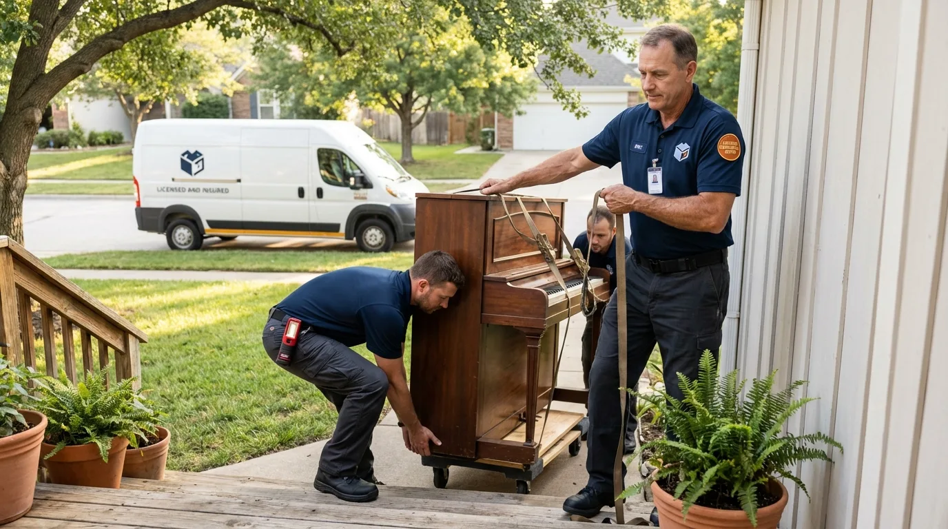 Licensed piano movers securing grand piano in San Andreas, CA