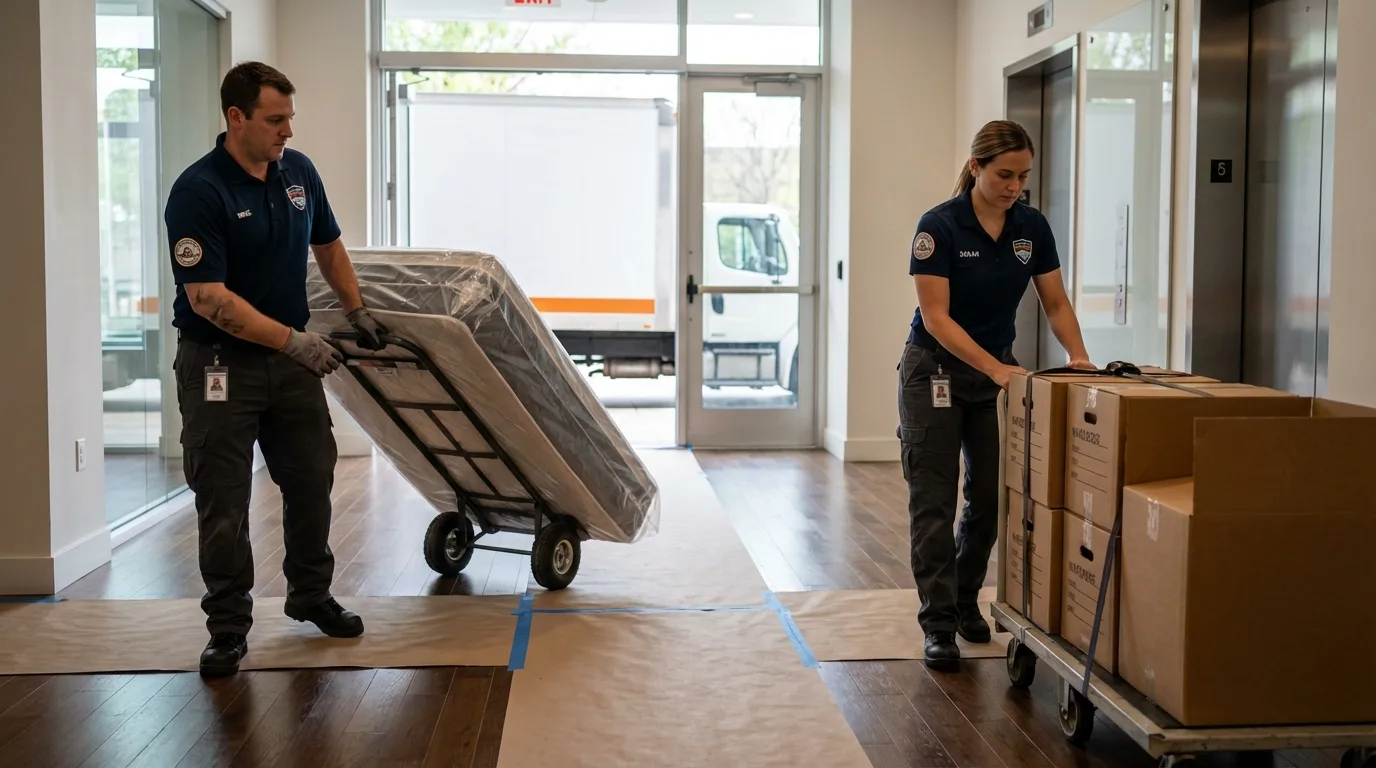 Professional apartment movers loading elevator in San Andreas, CA